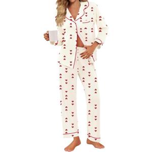 SWOMOG Pajamas for Women Sets 2 Piece Button Down Printed Pjs Long Sleeve Shirt and Pants Fall Sleepwear Cute Loungewear(Red Heart)