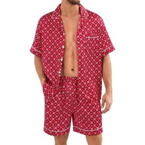 SWOMOG Silk Satin Pajamas Sets for Men Short Sleeve 2 Piece Button Down Sleepwear Mens Loungewear Sets with Pockets(Red Floral)