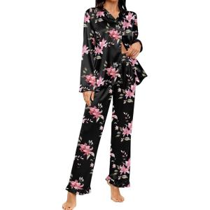 SWOMOG Womens Long Sleeve Pajamas Set 2 Piece Silk Button Down Pjs with Pants Floral Printed Classic Soft Loungewear(Black Large Flower)
