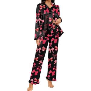 SWOMOG Womens Long Sleeve Pajamas Set 2 Piece Silk Button Down Pjs with Pants Floral Printed Classic Soft Loungewear(Black Pink Bow)