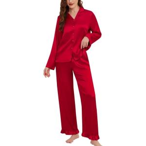 SWOMOG Womens Long Sleeve Pajamas Set 2 Piece Silk Button Down Pjs with Pants Floral Printed Classic Soft Loungewear(Red)