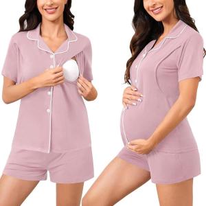 SWOMOG Womens Maternity Nursing Pajama Sets Breastfeeding Sleepwear Postpartum Lounge Sets Double Layer Short Sleeve Pjs(Light Pink)