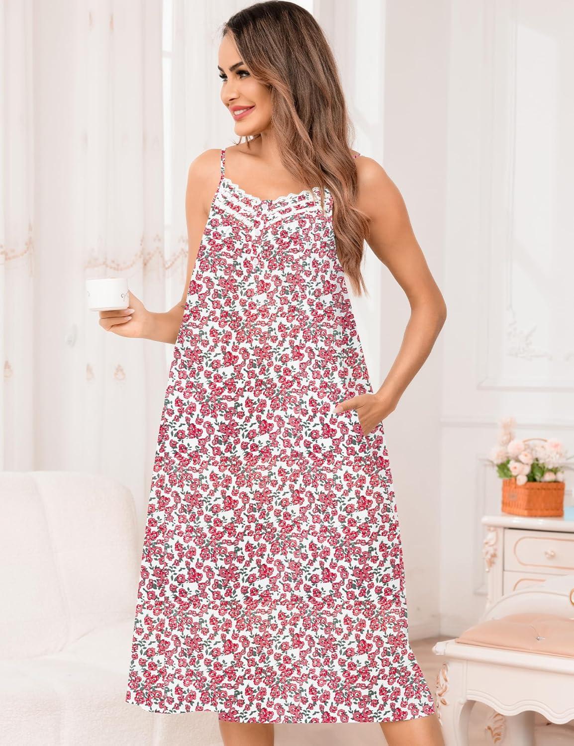 imageSWOMOG 100 Cotton Nightgowns for Women Lace Nightgown Sleeveless Sleep Dress Victorian Sleepshirt Button Strap GownRed Floral