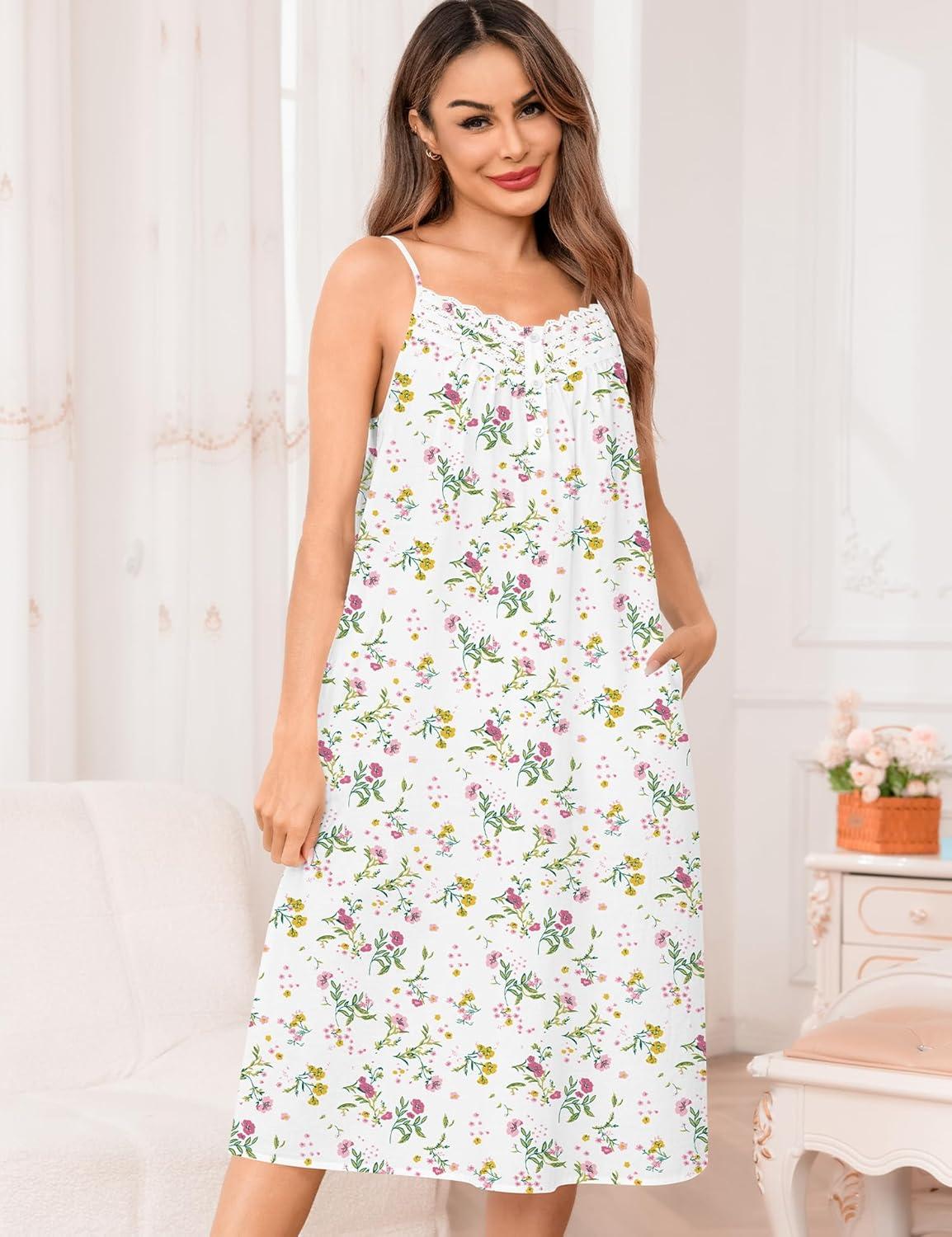 imageSWOMOG 100 Cotton Nightgowns for Women Lace Nightgown Sleeveless Sleep Dress Victorian Sleepshirt Button Strap GownWhite Flower