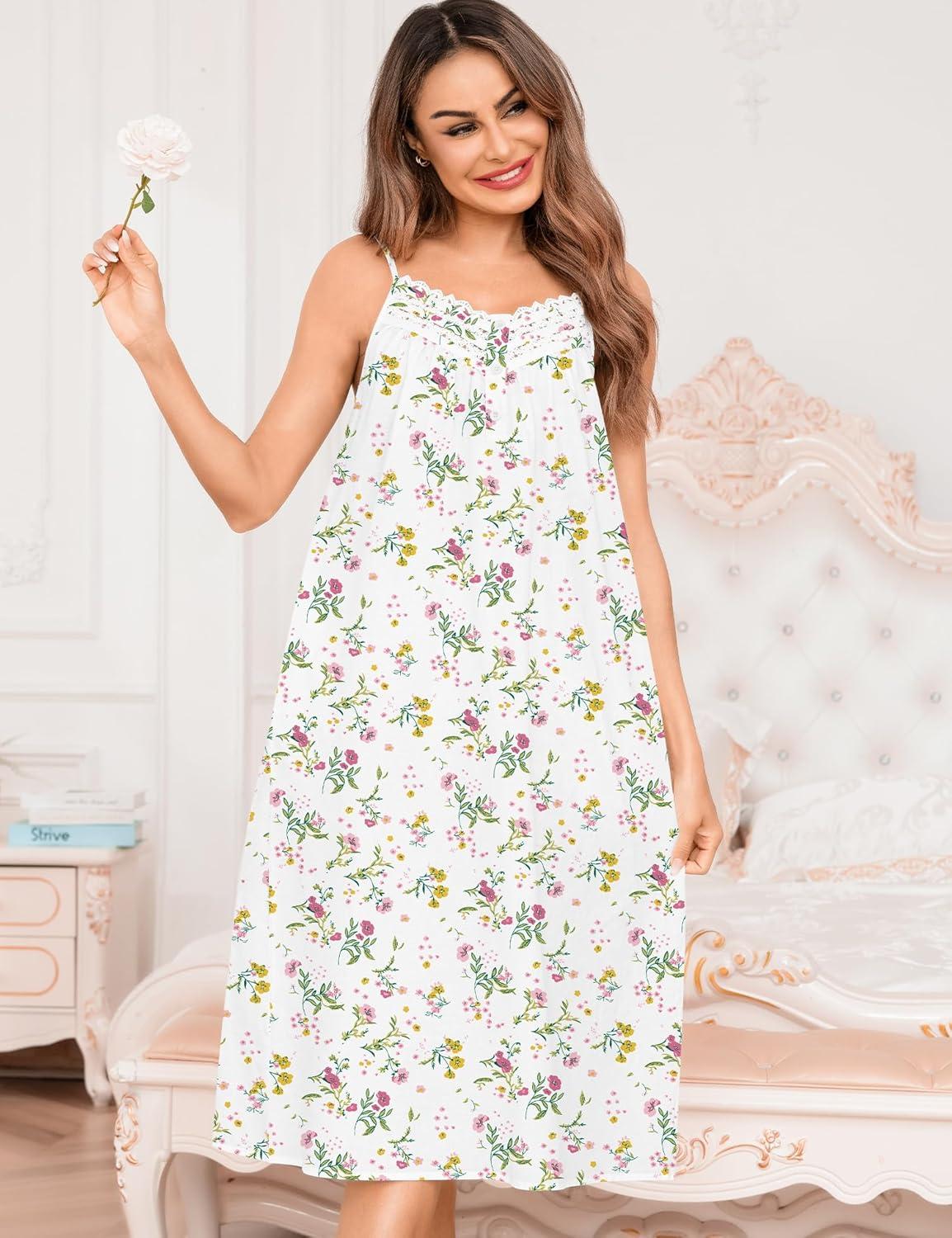 imageSWOMOG 100 Cotton Nightgowns for Women Lace Nightgown Sleeveless Sleep Dress Victorian Sleepshirt Button Strap GownWhite Flower