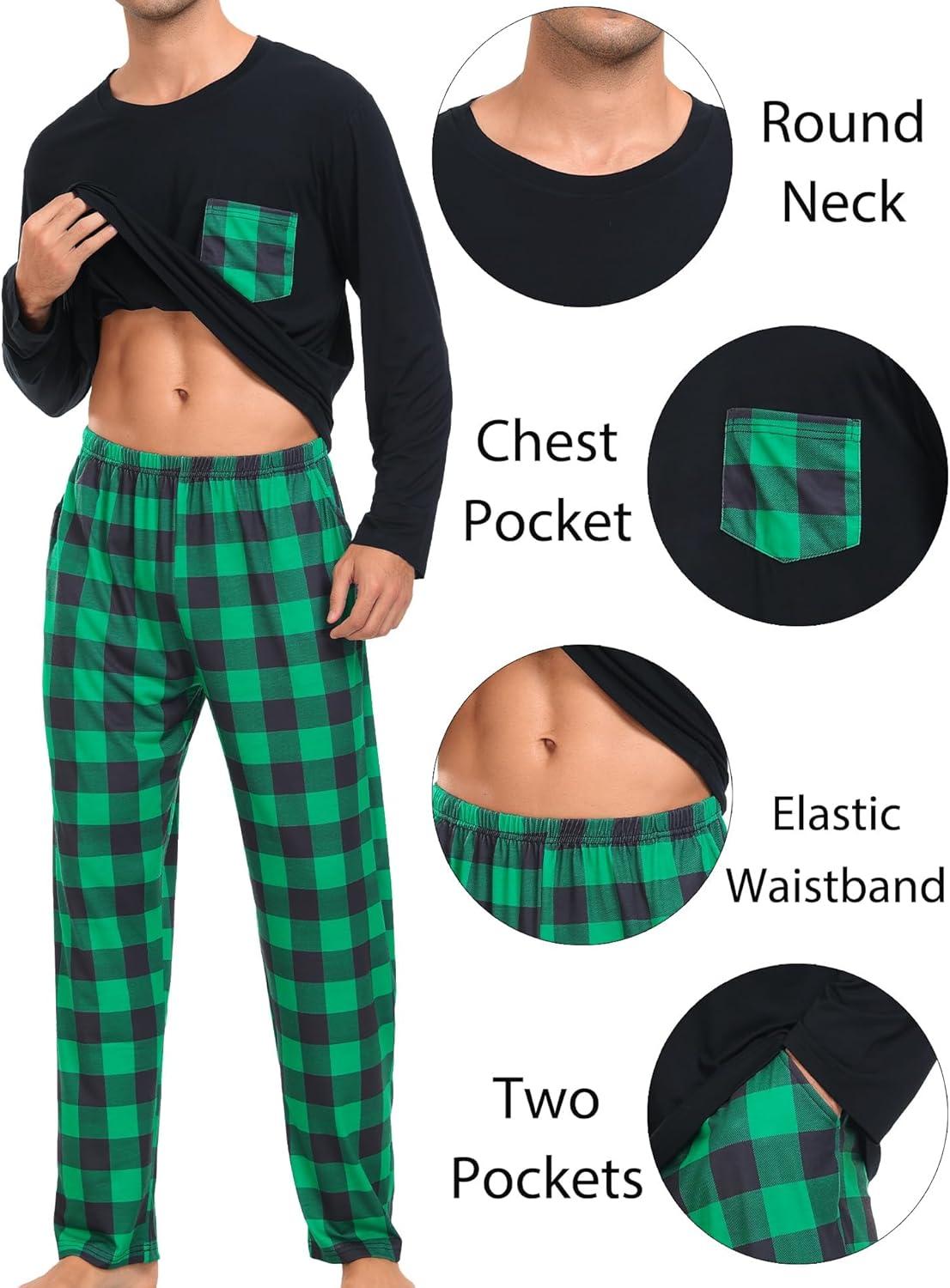 imageSWOMOG Adult Christmas Pajamas Buffalo Plaid Pajama Pants with Pockets Long Sleeve Tops for Couples amp FamilyBlack Green Plaid