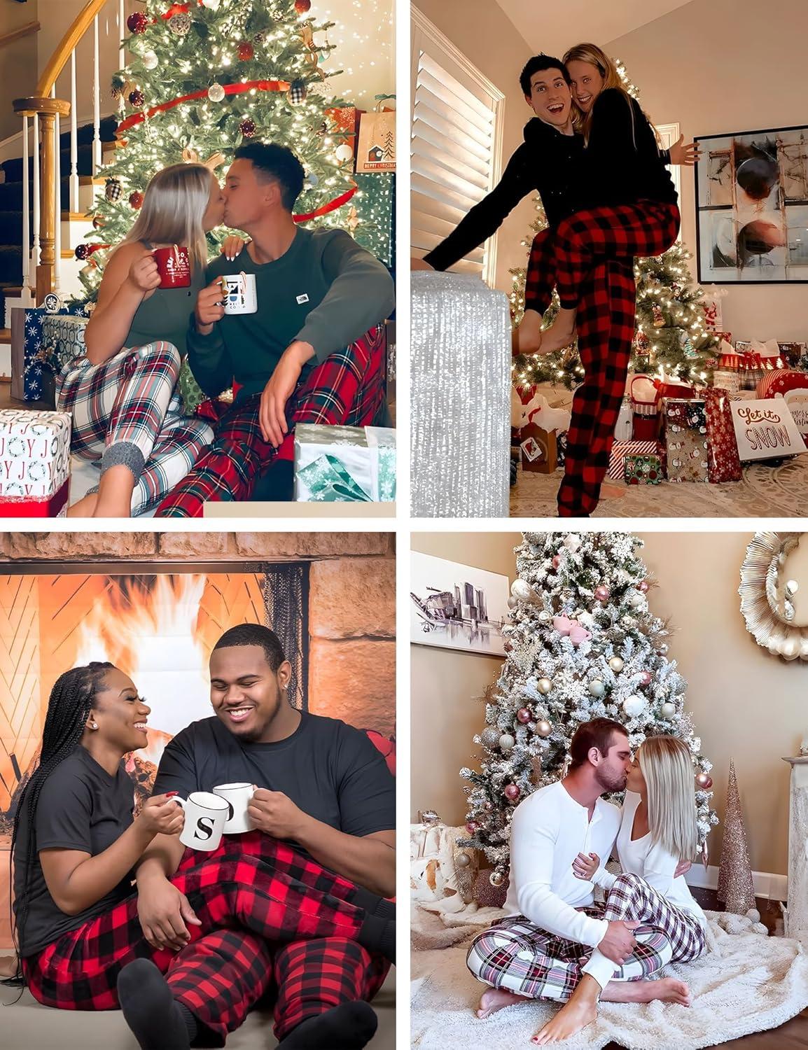 imageSWOMOG Adult Christmas Pajamas Buffalo Plaid Pajama Pants with Pockets Long Sleeve Tops for Couples amp FamilyBlack Green Plaid