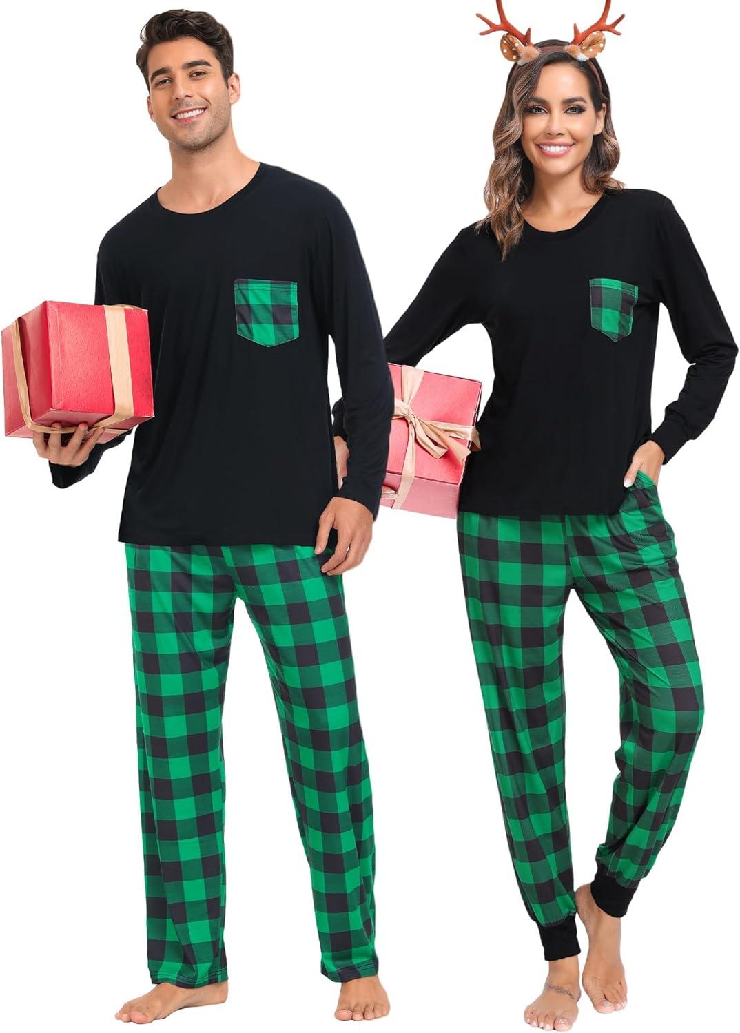 imageSWOMOG Adult Christmas Pajamas Buffalo Plaid Pajama Pants with Pockets Long Sleeve Tops for Couples amp FamilyBlack Green Plaid