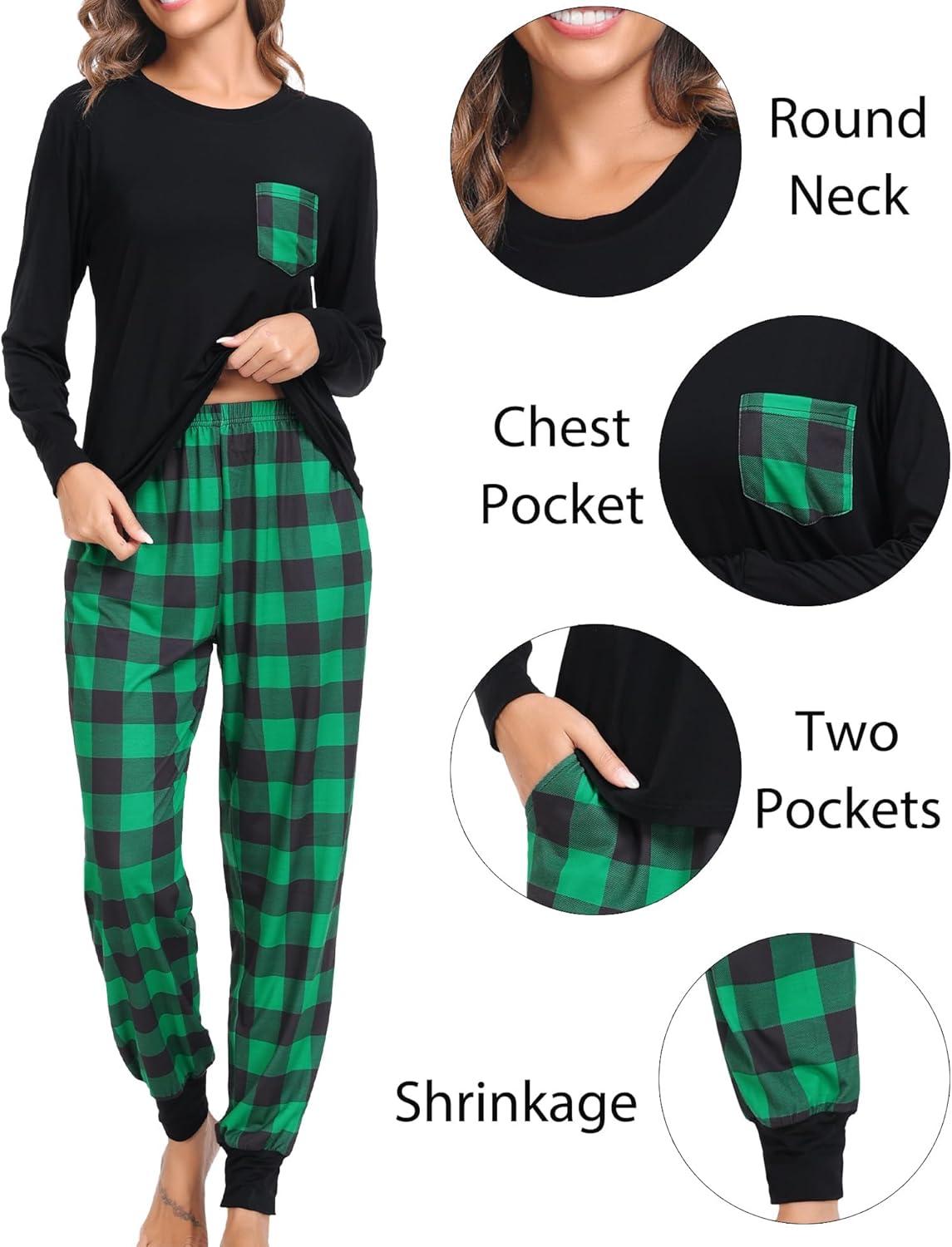 imageSWOMOG Adult Christmas Pajamas Buffalo Plaid Pajama Pants with Pockets Long Sleeve Tops for Couples amp FamilyBlack Green Plaid