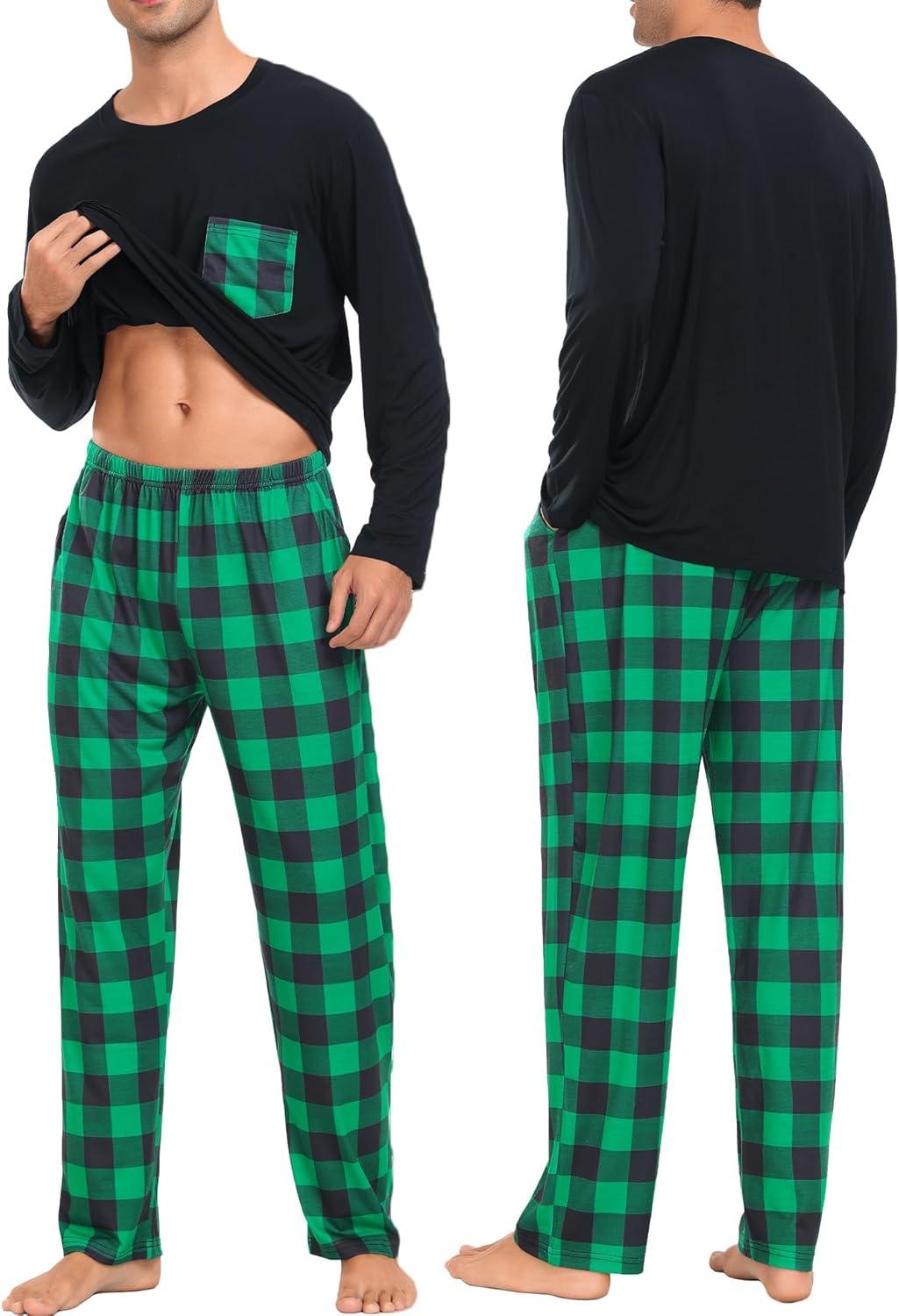 imageSWOMOG Adult Christmas Pajamas Buffalo Plaid Pajama Pants with Pockets Long Sleeve Tops for Couples amp FamilyBlack Green Plaid
