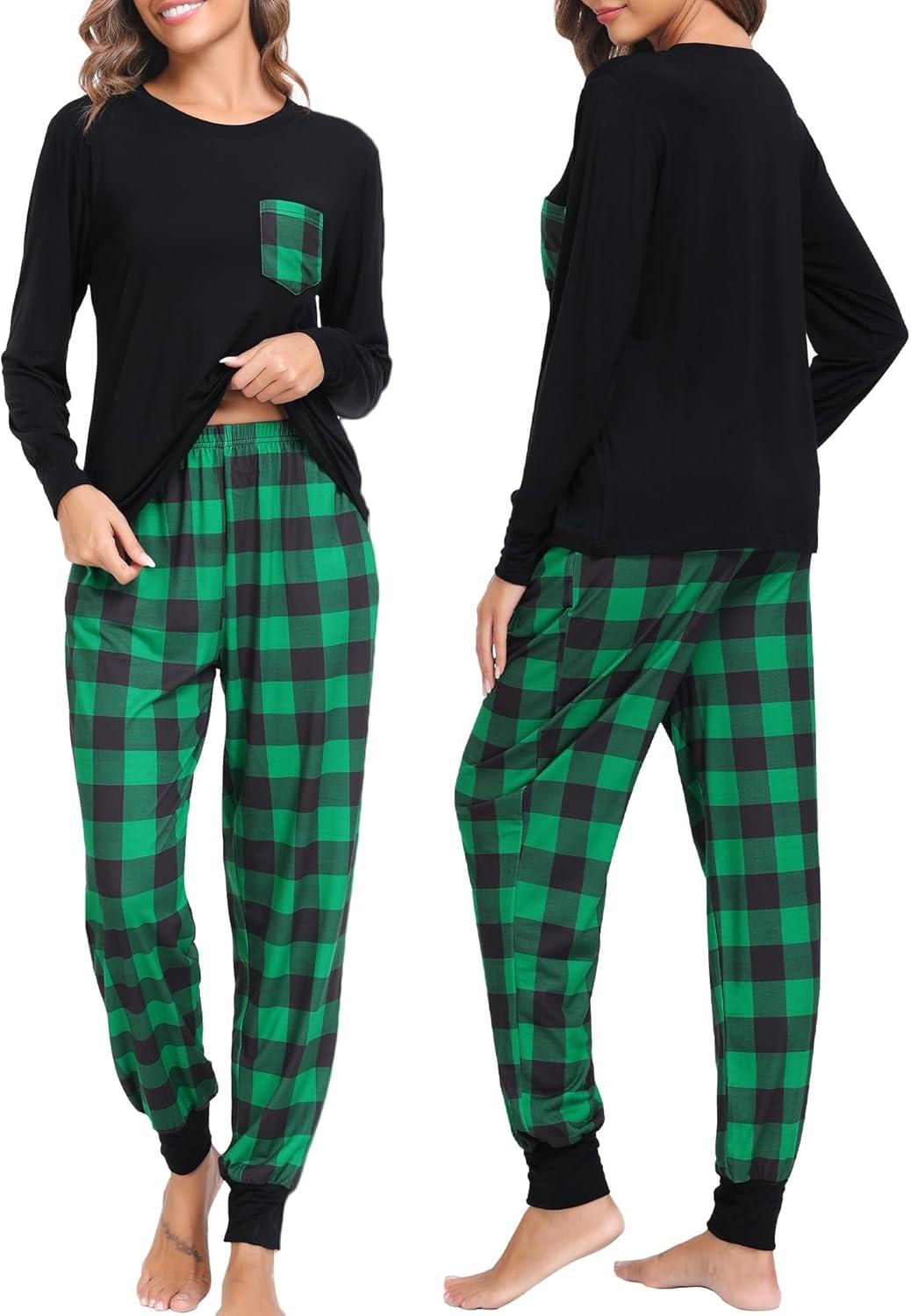 imageSWOMOG Adult Christmas Pajamas Buffalo Plaid Pajama Pants with Pockets Long Sleeve Tops for Couples amp FamilyBlack Green Plaid