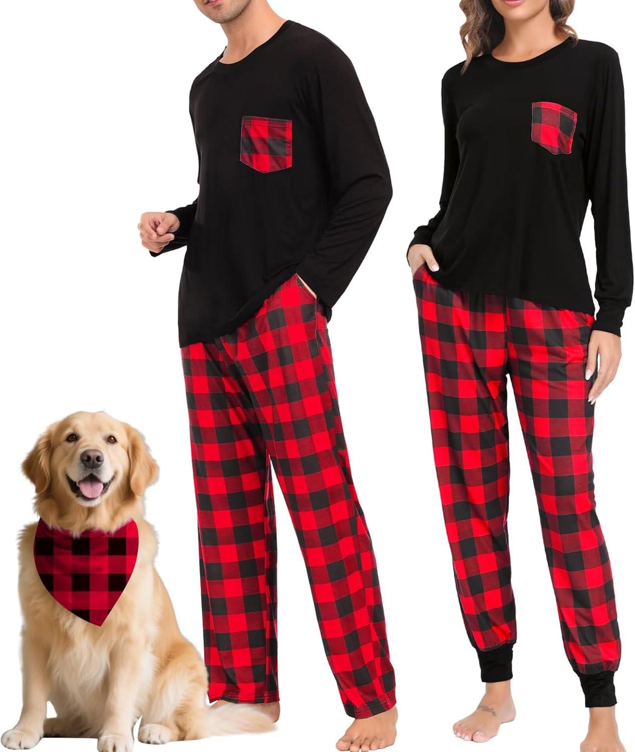 imageSWOMOG Adult Christmas Pajamas Buffalo Plaid Pajama Pants with Pockets Long Sleeve Tops for Couples amp FamilyBlack Red Plaid