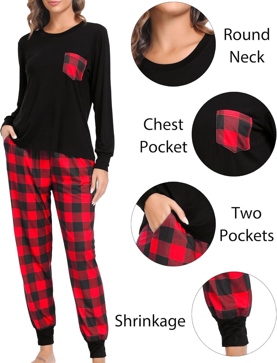 imageSWOMOG Adult Christmas Pajamas Buffalo Plaid Pajama Pants with Pockets Long Sleeve Tops for Couples amp FamilyBlack Red Plaid
