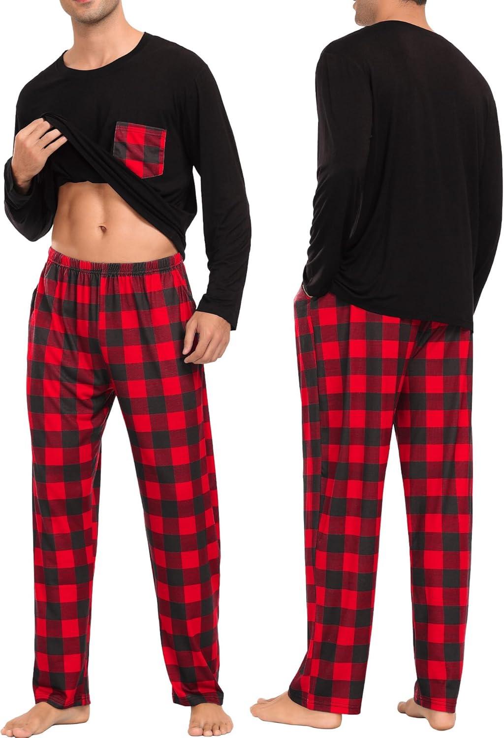 imageSWOMOG Adult Christmas Pajamas Buffalo Plaid Pajama Pants with Pockets Long Sleeve Tops for Couples amp FamilyBlack Red Plaid