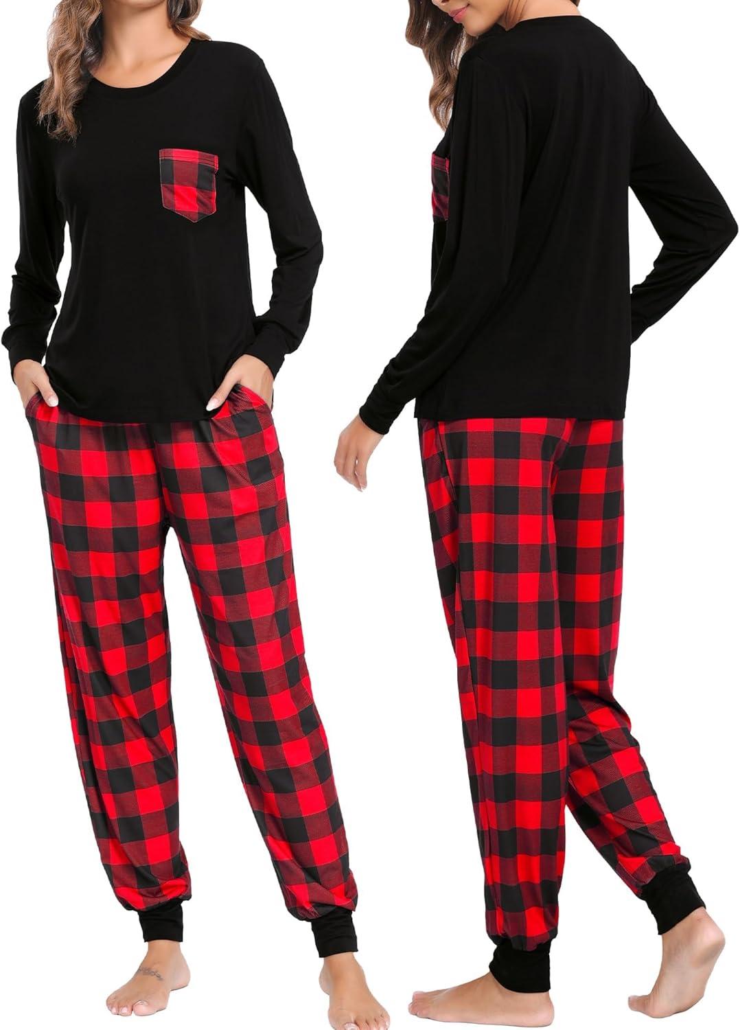 imageSWOMOG Adult Christmas Pajamas Buffalo Plaid Pajama Pants with Pockets Long Sleeve Tops for Couples amp FamilyBlack Red Plaid