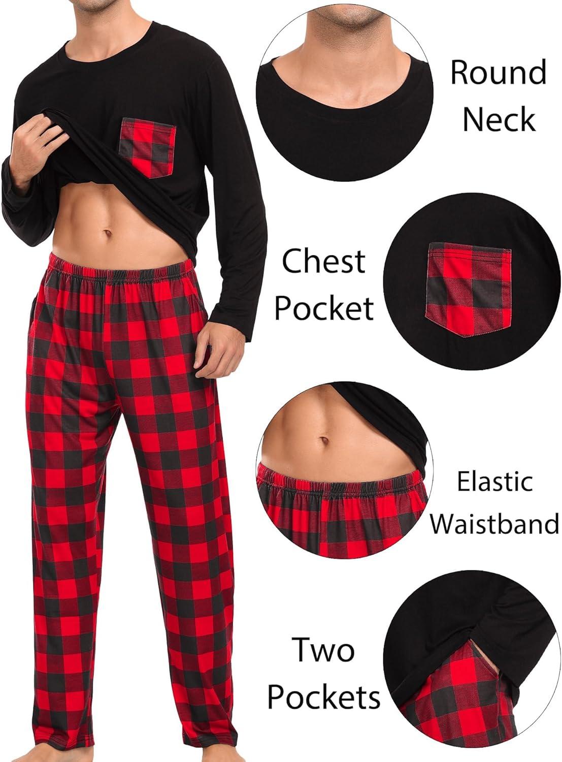 imageSWOMOG Adult Christmas Pajamas Buffalo Plaid Pajama Pants with Pockets Long Sleeve Tops for Couples amp FamilyBlack Red Plaid