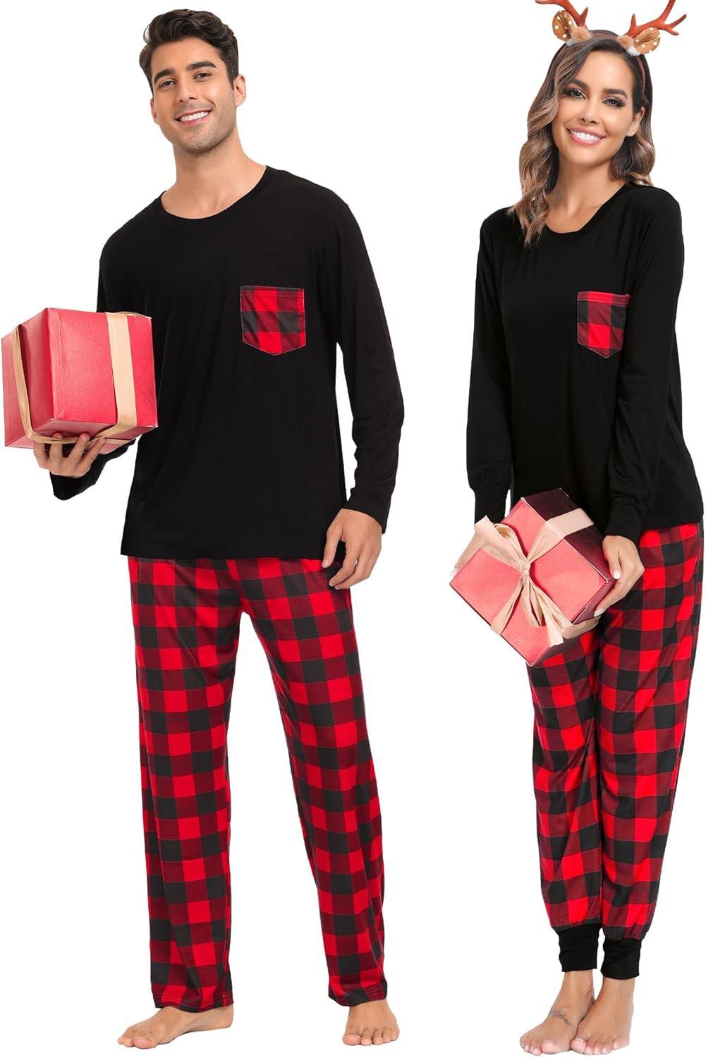 imageSWOMOG Adult Christmas Pajamas Buffalo Plaid Pajama Pants with Pockets Long Sleeve Tops for Couples amp FamilyBlack Red Plaid