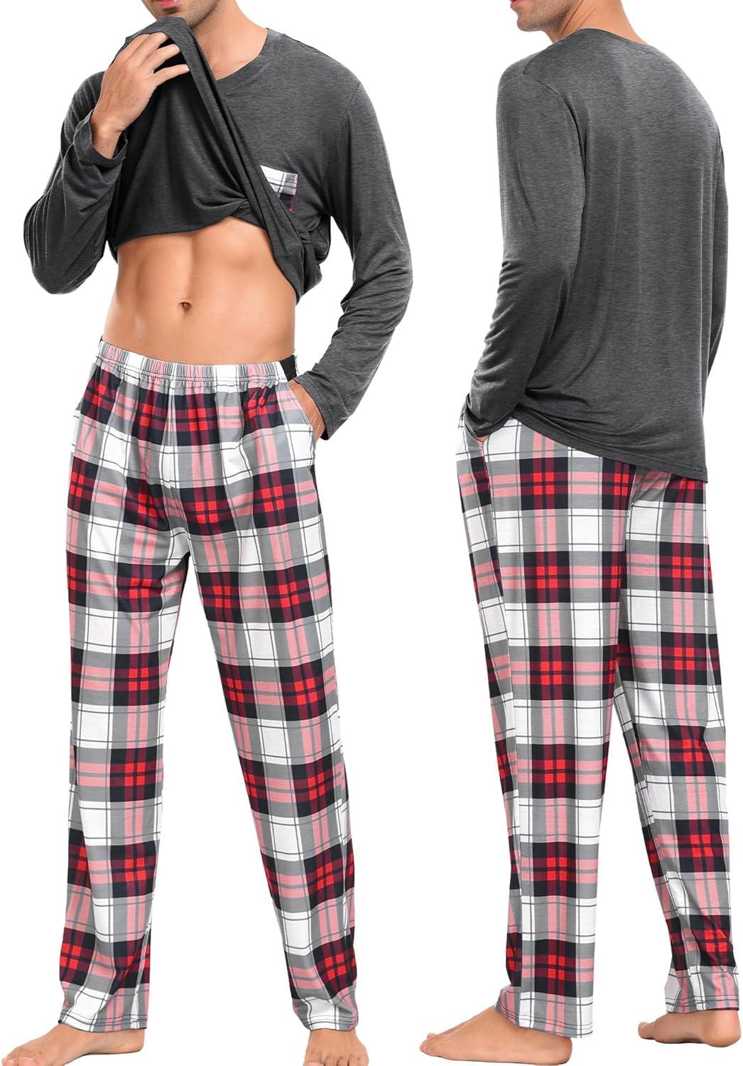 imageSWOMOG Adult Christmas Pajamas Buffalo Plaid Pajama Pants with Pockets Long Sleeve Tops for Couples amp FamilyDeep Grey