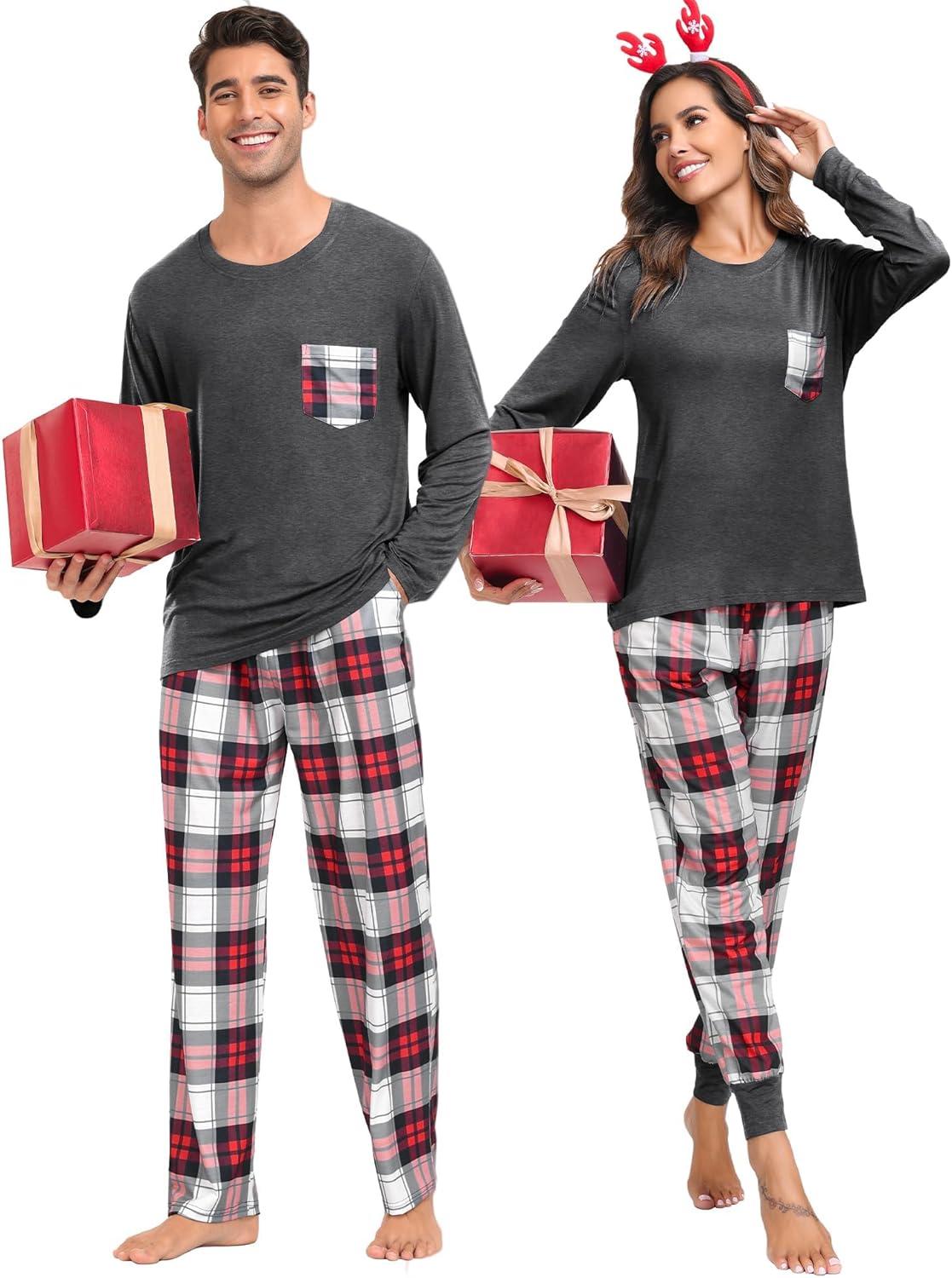 imageSWOMOG Adult Christmas Pajamas Buffalo Plaid Pajama Pants with Pockets Long Sleeve Tops for Couples amp FamilyDeep Grey