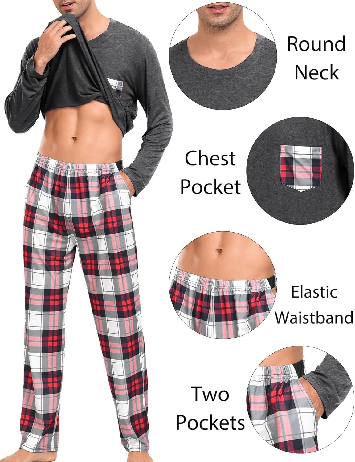 imageSWOMOG Adult Christmas Pajamas Buffalo Plaid Pajama Pants with Pockets Long Sleeve Tops for Couples amp FamilyDeep Grey