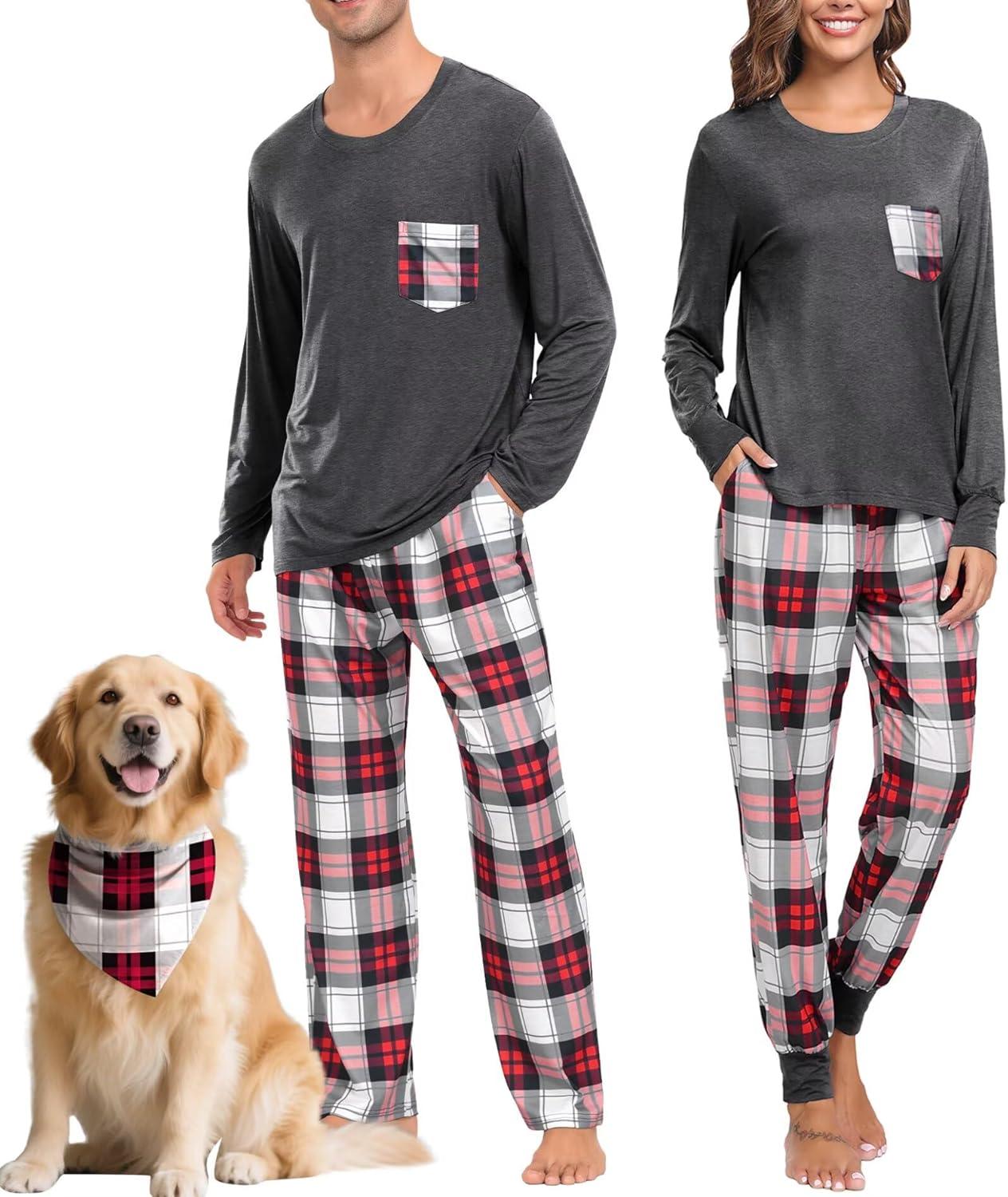 imageSWOMOG Adult Christmas Pajamas Buffalo Plaid Pajama Pants with Pockets Long Sleeve Tops for Couples amp FamilyDeep Grey