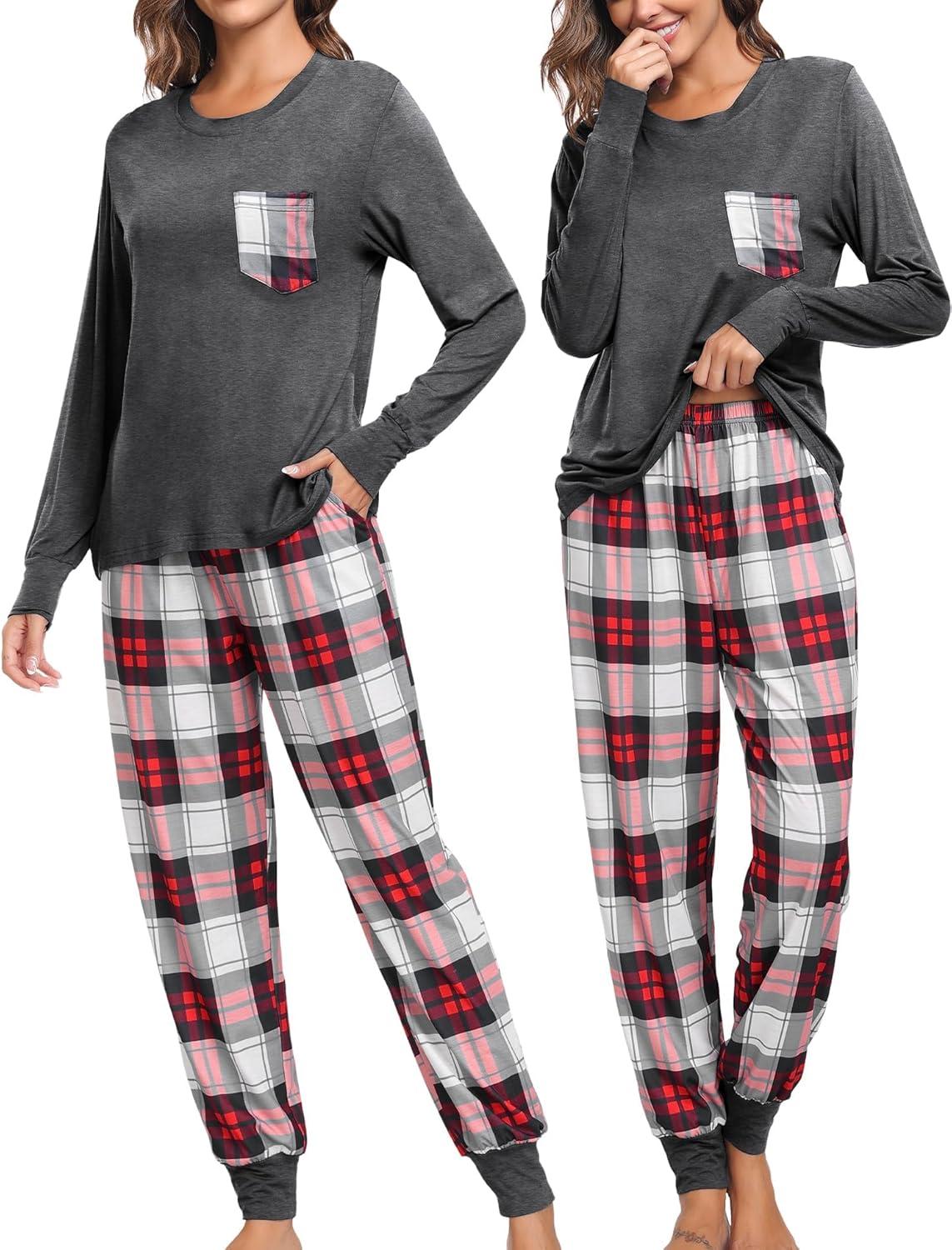 imageSWOMOG Adult Christmas Pajamas Buffalo Plaid Pajama Pants with Pockets Long Sleeve Tops for Couples amp FamilyDeep Grey