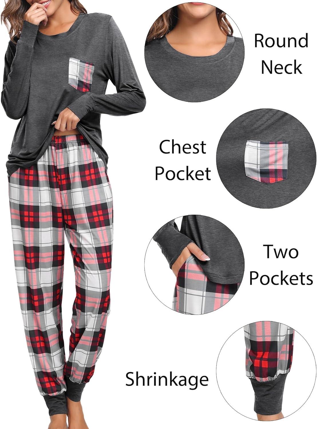 imageSWOMOG Adult Christmas Pajamas Buffalo Plaid Pajama Pants with Pockets Long Sleeve Tops for Couples amp FamilyDeep Grey