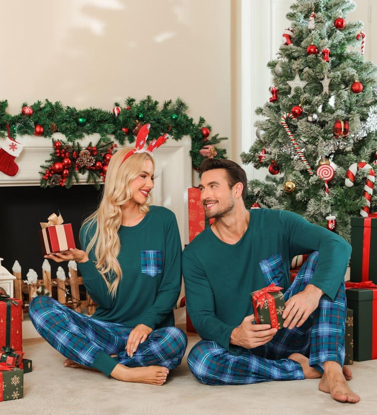 imageSWOMOG Adult Christmas Pajamas Buffalo Plaid Pajama Pants with Pockets Long Sleeve Tops for Couples amp FamilyGreen Plaid