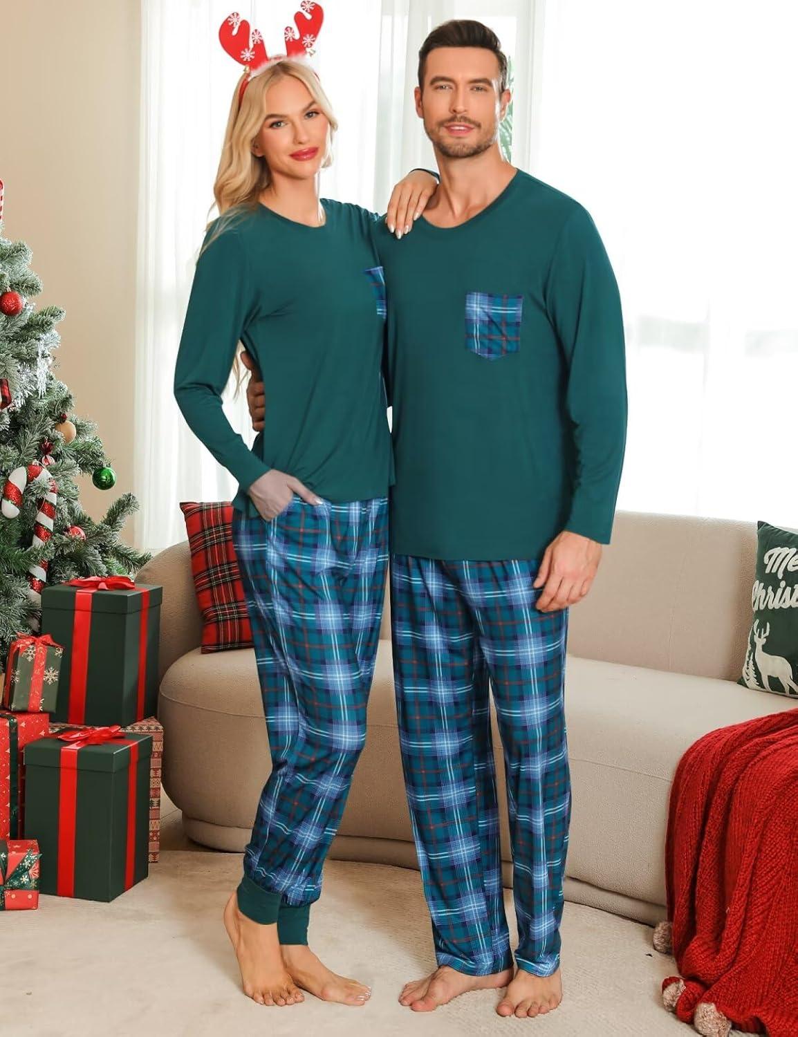 imageSWOMOG Adult Christmas Pajamas Buffalo Plaid Pajama Pants with Pockets Long Sleeve Tops for Couples amp FamilyGreen Plaid