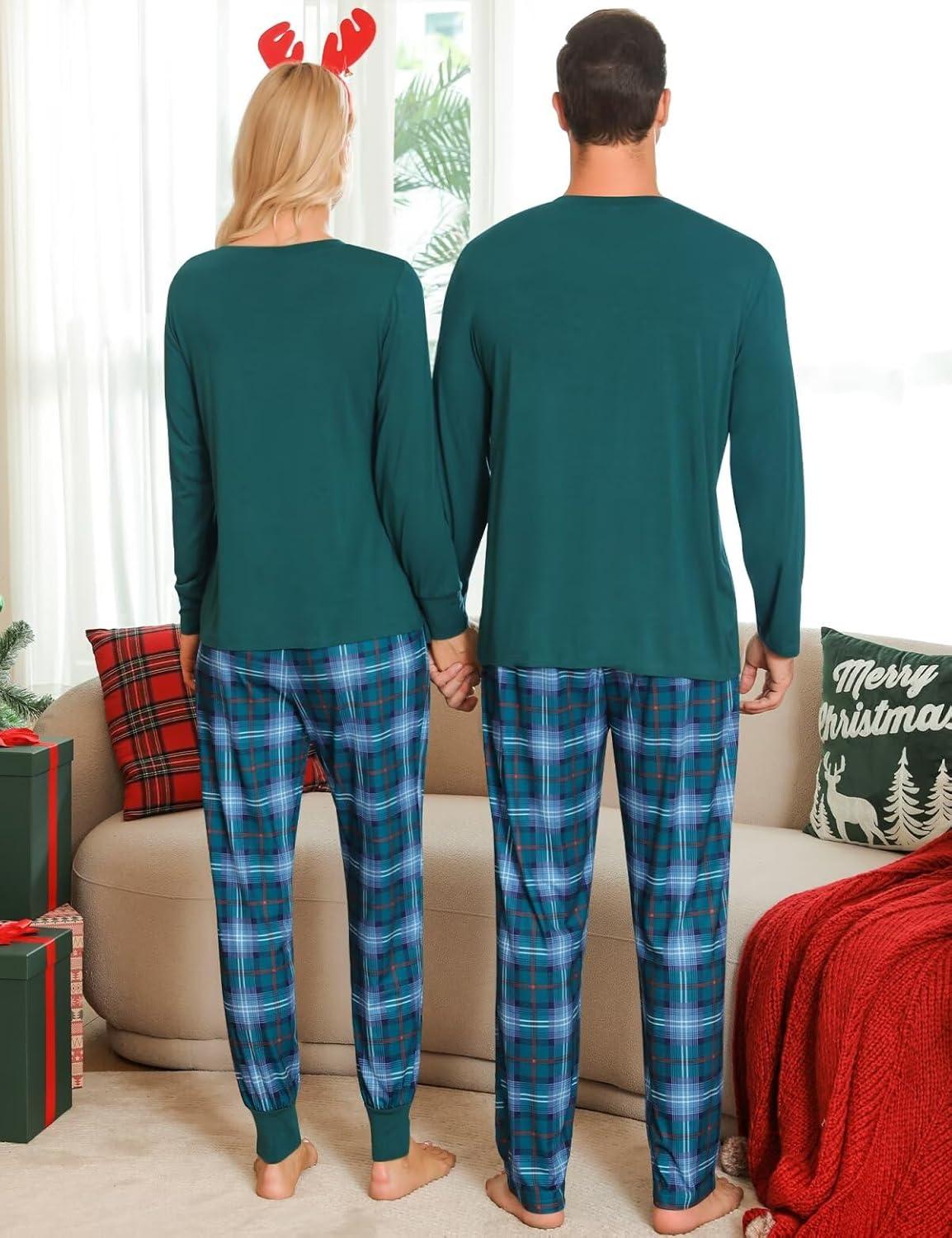 imageSWOMOG Adult Christmas Pajamas Buffalo Plaid Pajama Pants with Pockets Long Sleeve Tops for Couples amp FamilyGreen Plaid