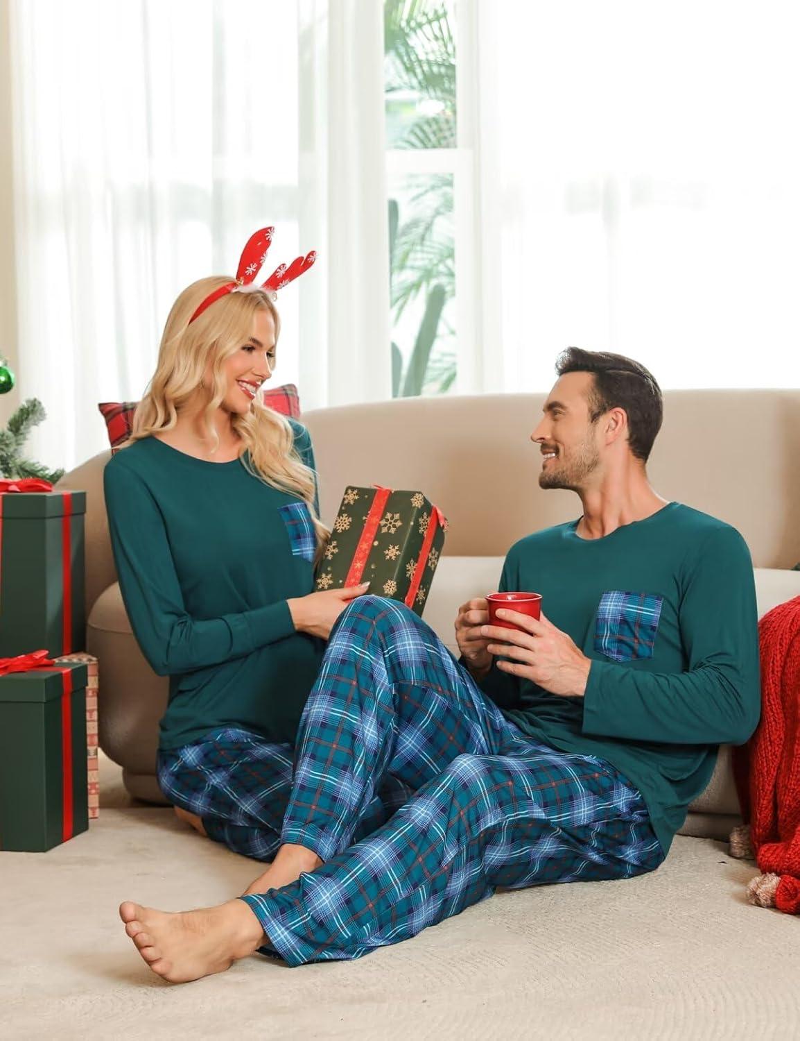 imageSWOMOG Adult Christmas Pajamas Buffalo Plaid Pajama Pants with Pockets Long Sleeve Tops for Couples amp FamilyGreen Plaid