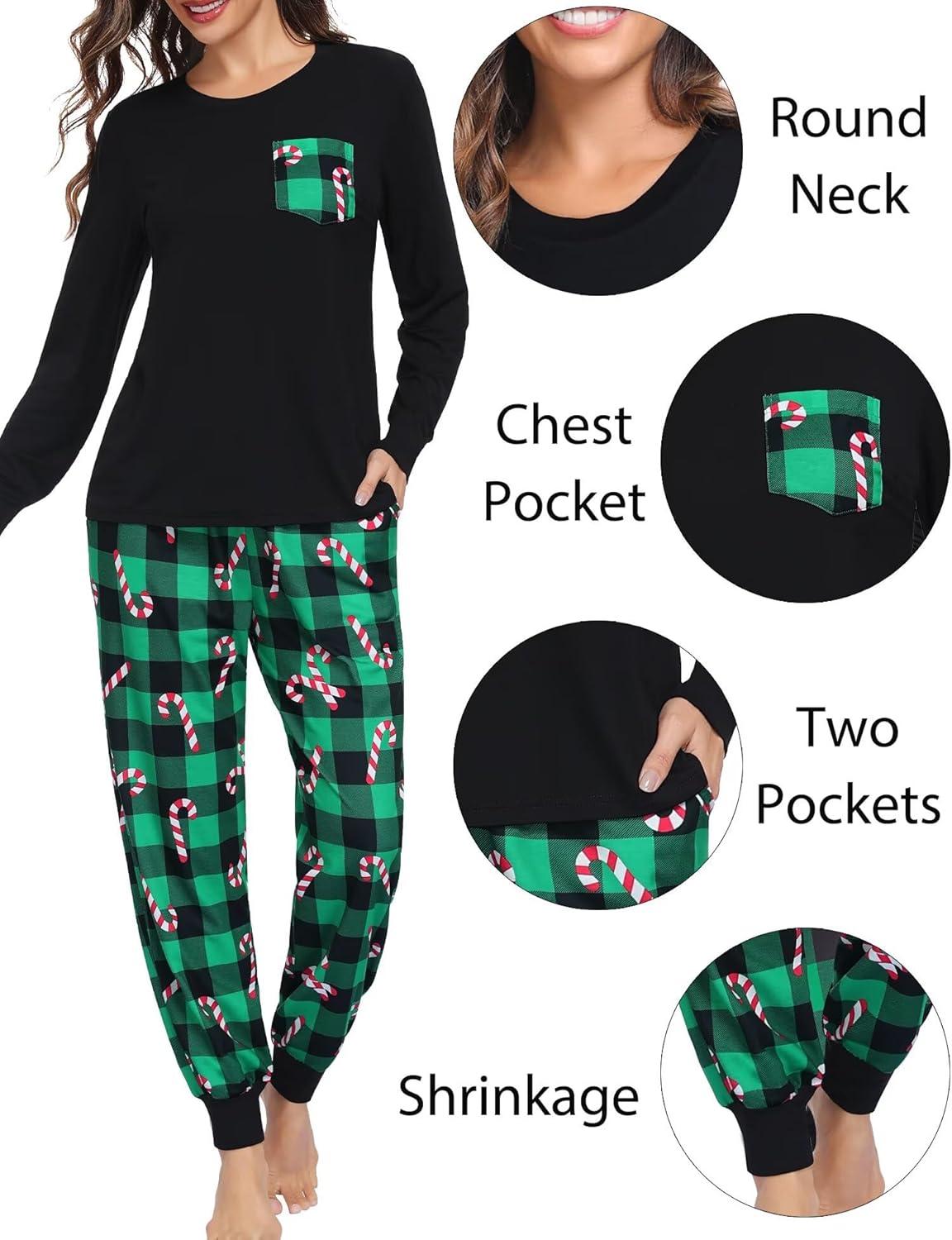 imageSWOMOG Adult Christmas Pajamas Buffalo Plaid Pajama Pants with Pockets Long Sleeve Tops for Couples amp FamilyGreen Pliadcandy Cane
