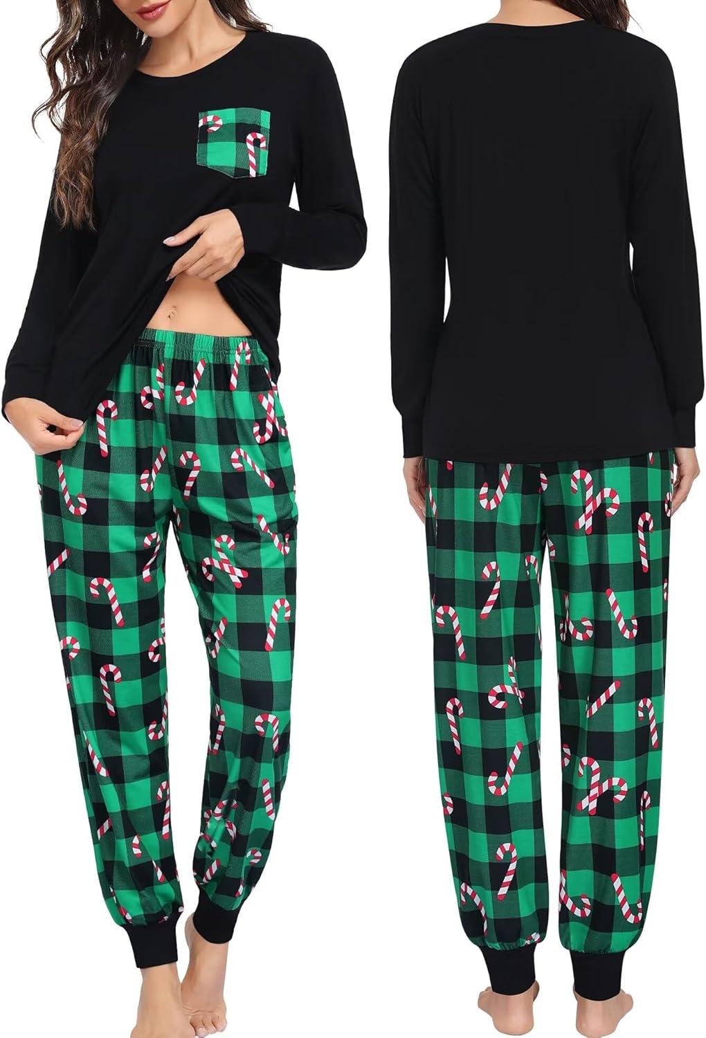 imageSWOMOG Adult Christmas Pajamas Buffalo Plaid Pajama Pants with Pockets Long Sleeve Tops for Couples amp FamilyGreen Pliadcandy Cane