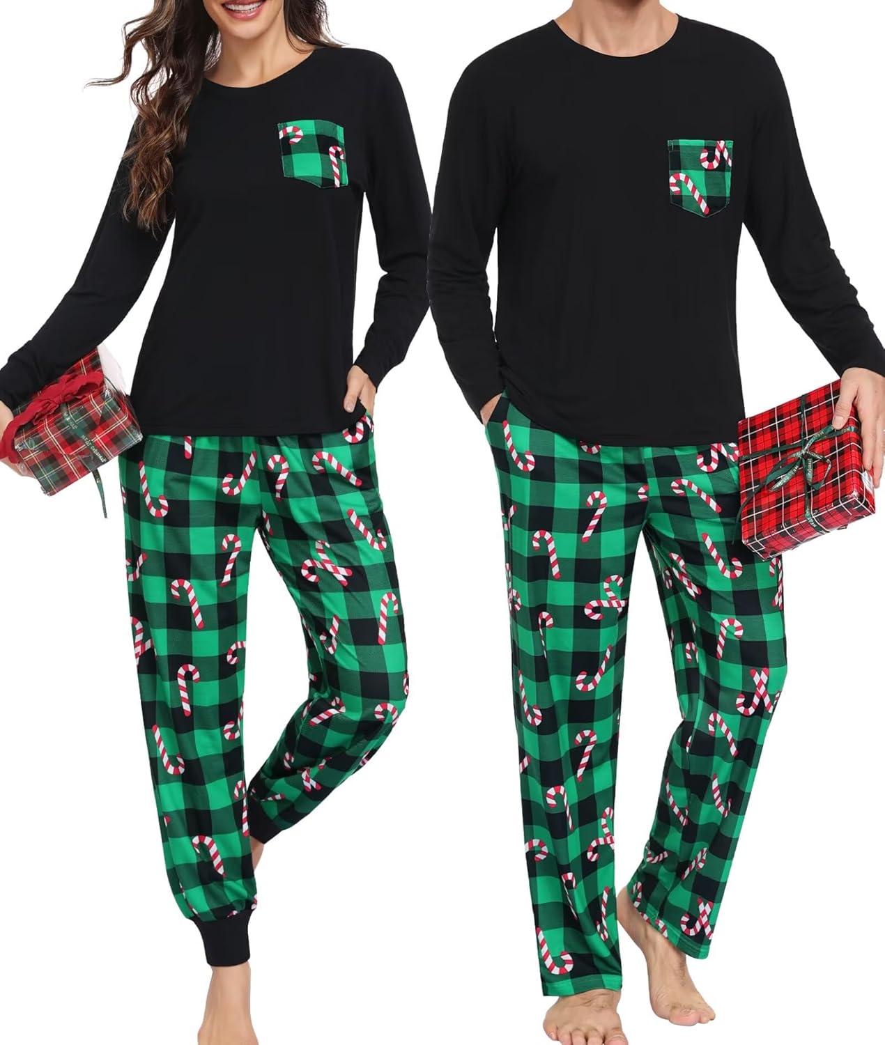 imageSWOMOG Adult Christmas Pajamas Buffalo Plaid Pajama Pants with Pockets Long Sleeve Tops for Couples amp FamilyGreen Pliadcandy Cane