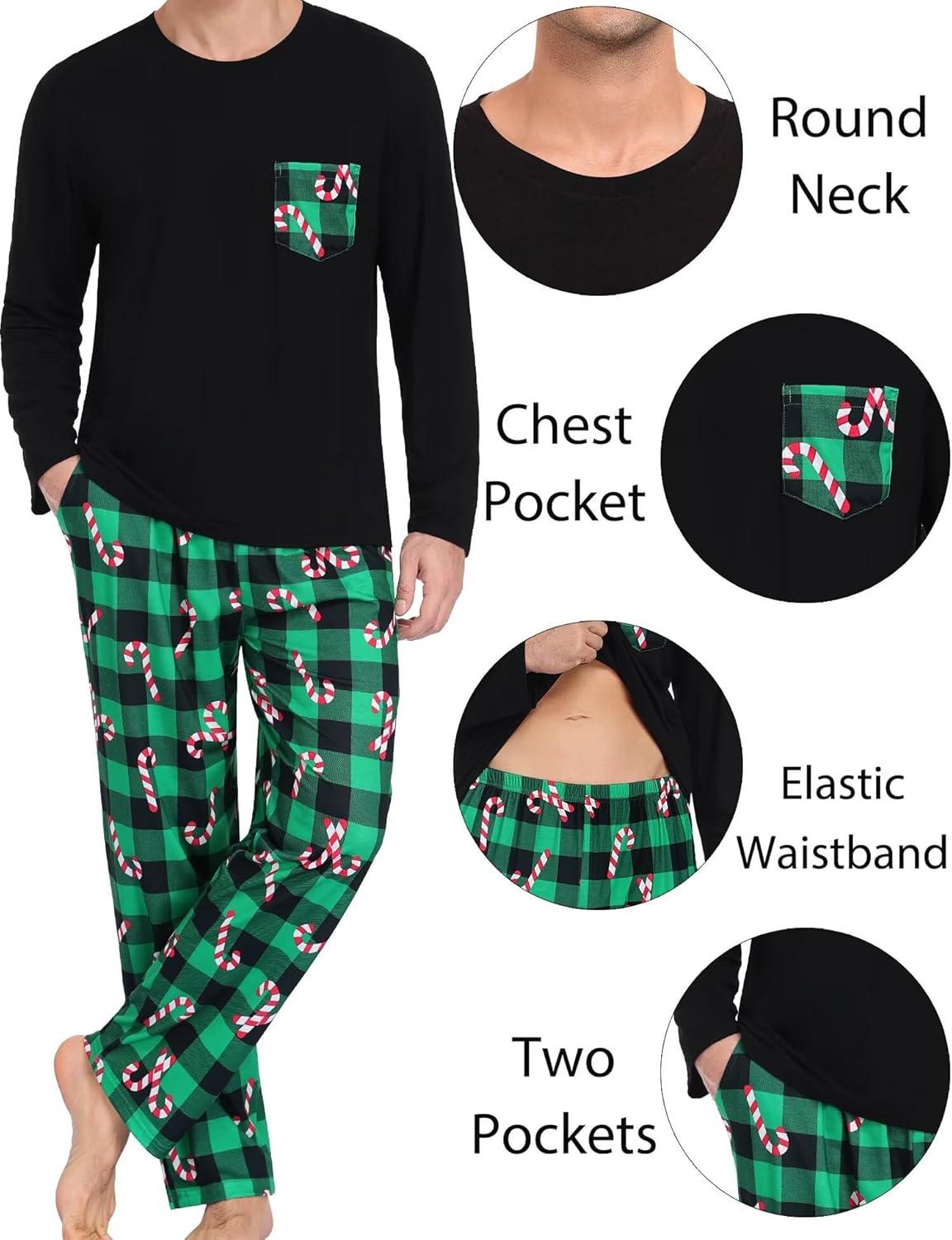 imageSWOMOG Adult Christmas Pajamas Buffalo Plaid Pajama Pants with Pockets Long Sleeve Tops for Couples amp FamilyGreen Pliadcandy Cane