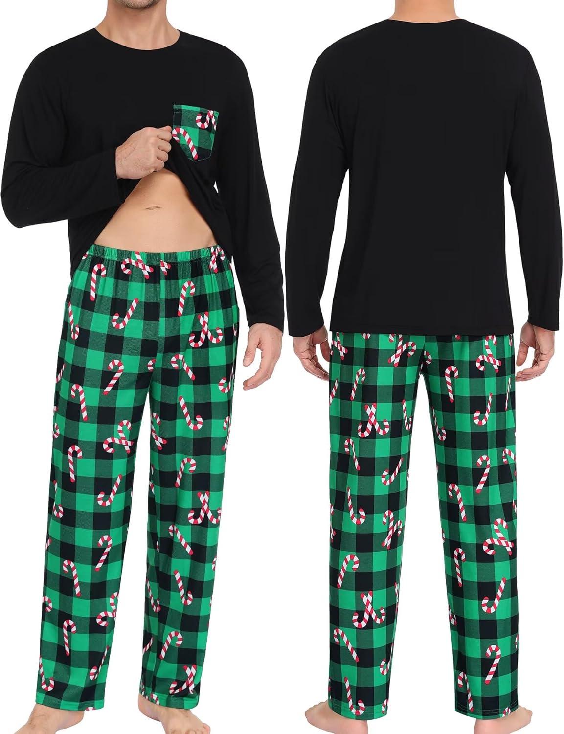 imageSWOMOG Adult Christmas Pajamas Buffalo Plaid Pajama Pants with Pockets Long Sleeve Tops for Couples amp FamilyGreen Pliadcandy Cane