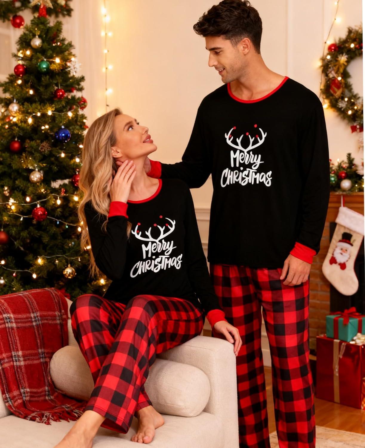 imageSWOMOG Adult Christmas Pajamas Buffalo Plaid Pajama Pants with Pockets Long Sleeve Tops for Couples amp FamilyMerry Christmasplaid