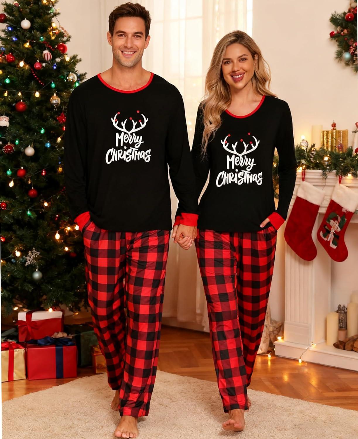 imageSWOMOG Adult Christmas Pajamas Buffalo Plaid Pajama Pants with Pockets Long Sleeve Tops for Couples amp FamilyMerry Christmasplaid