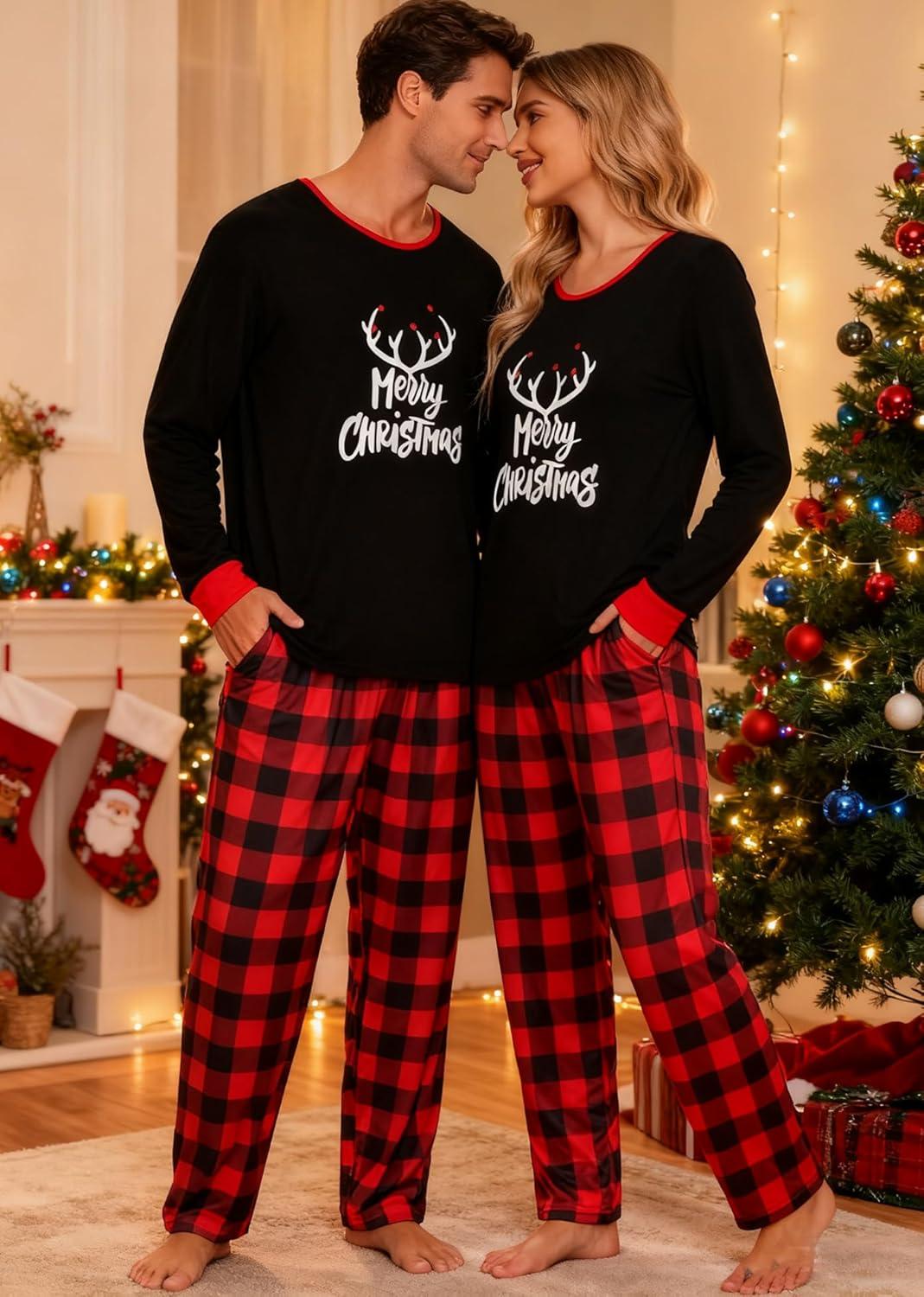 imageSWOMOG Adult Christmas Pajamas Buffalo Plaid Pajama Pants with Pockets Long Sleeve Tops for Couples amp FamilyMerry Christmasplaid