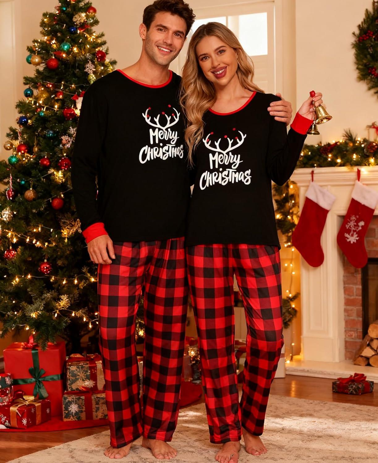 imageSWOMOG Adult Christmas Pajamas Buffalo Plaid Pajama Pants with Pockets Long Sleeve Tops for Couples amp FamilyMerry Christmasplaid
