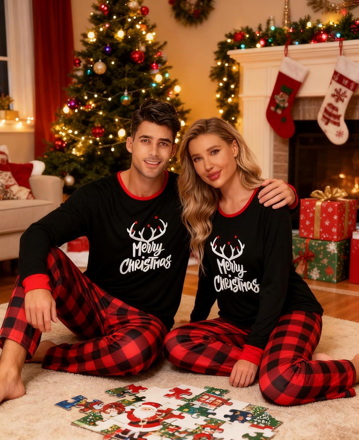 imageSWOMOG Adult Christmas Pajamas Buffalo Plaid Pajama Pants with Pockets Long Sleeve Tops for Couples amp FamilyMerry Christmasplaid