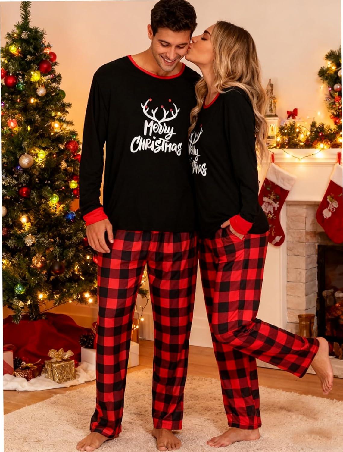 imageSWOMOG Adult Christmas Pajamas Buffalo Plaid Pajama Pants with Pockets Long Sleeve Tops for Couples amp FamilyMerry Christmasplaid