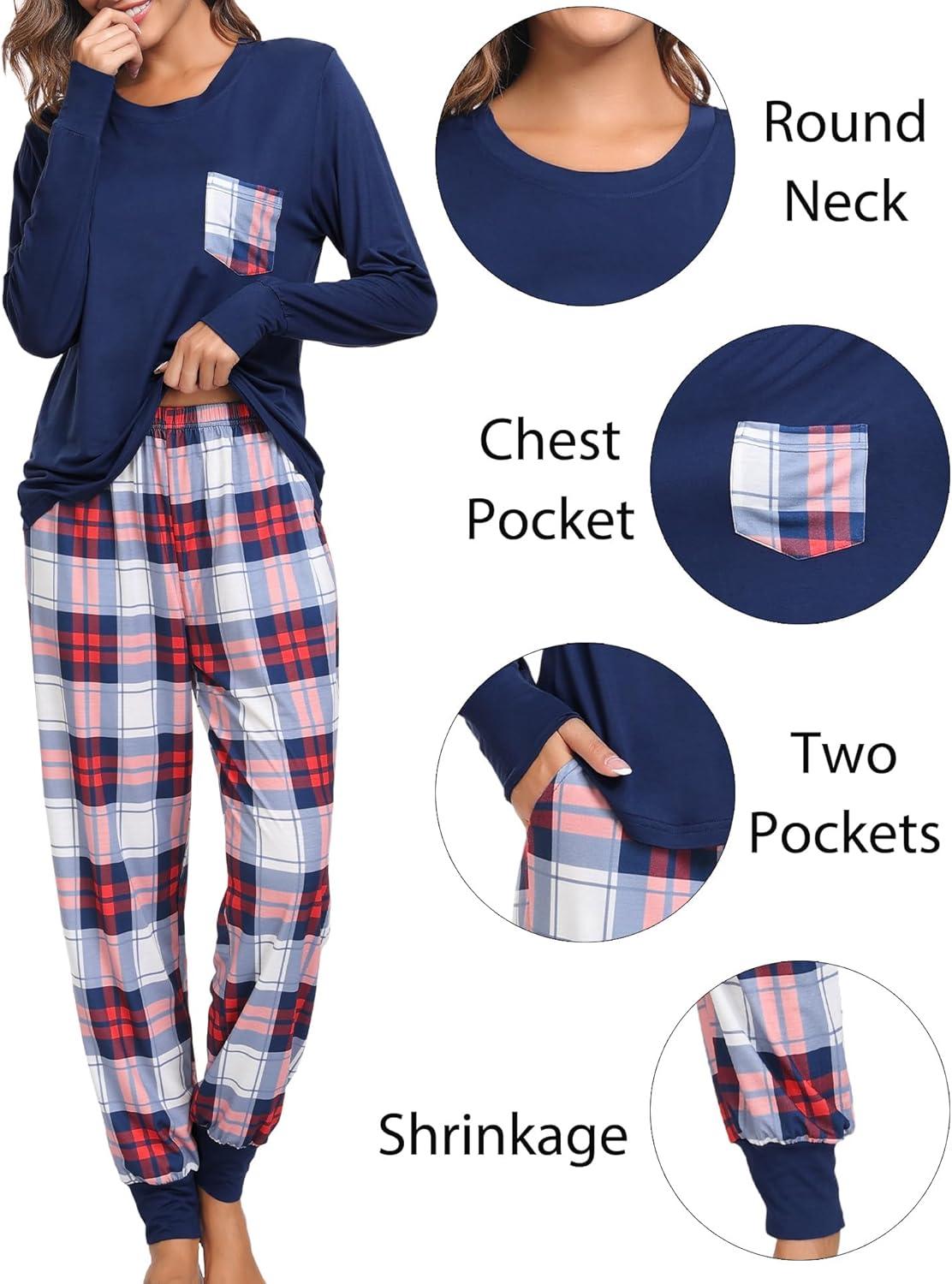 imageSWOMOG Adult Christmas Pajamas Buffalo Plaid Pajama Pants with Pockets Long Sleeve Tops for Couples amp FamilyNavy Blue