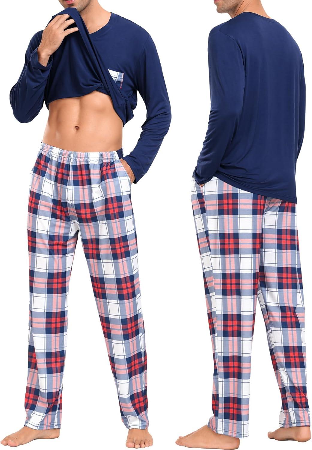 imageSWOMOG Adult Christmas Pajamas Buffalo Plaid Pajama Pants with Pockets Long Sleeve Tops for Couples amp FamilyNavy Blue