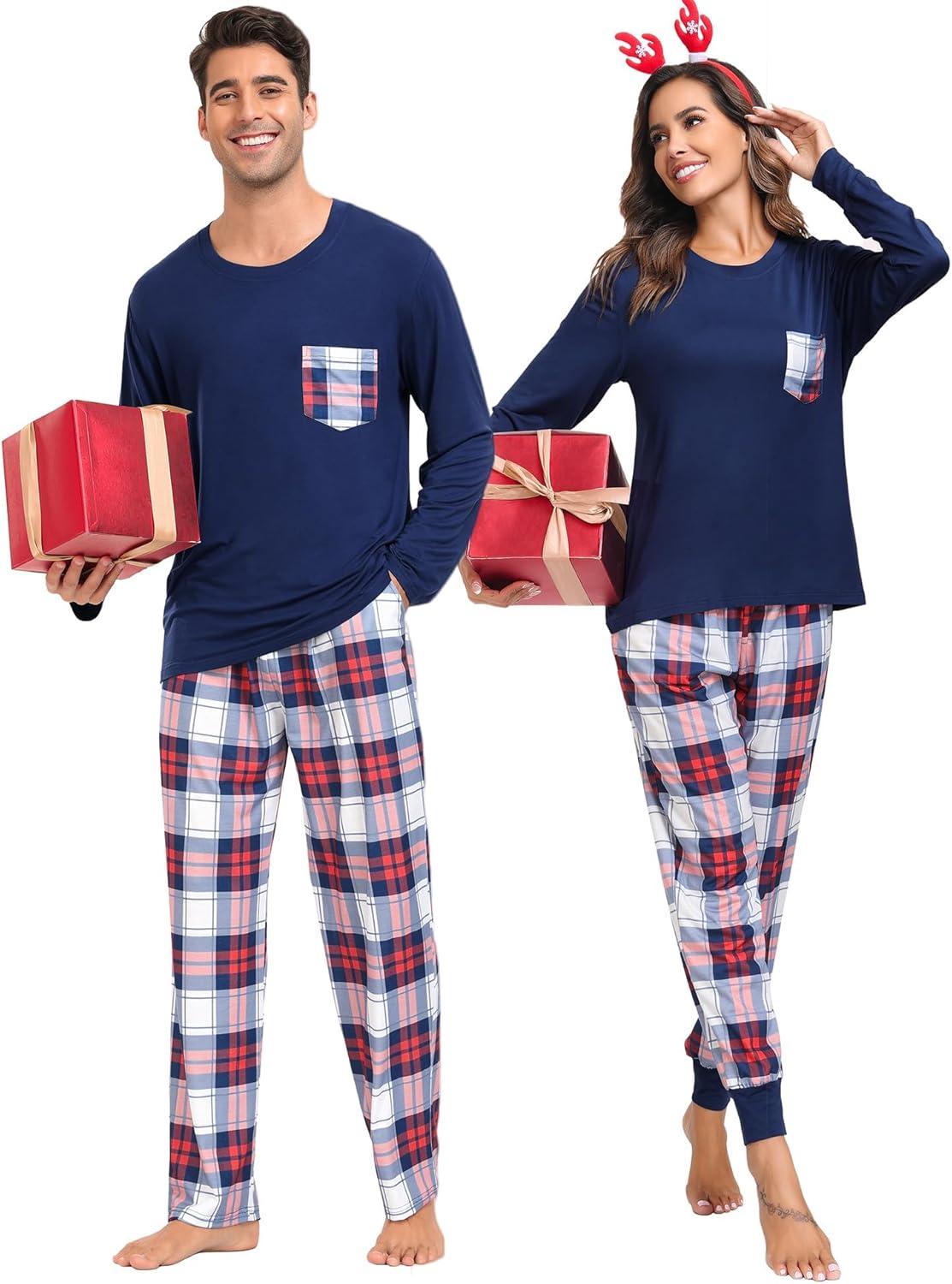 imageSWOMOG Adult Christmas Pajamas Buffalo Plaid Pajama Pants with Pockets Long Sleeve Tops for Couples amp FamilyNavy Blue
