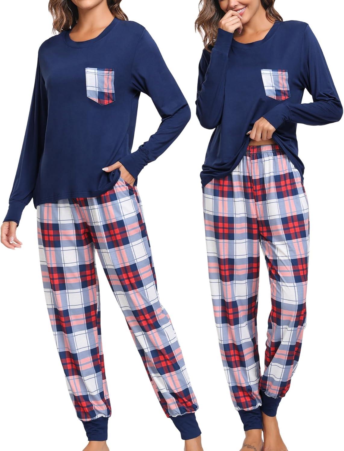 imageSWOMOG Adult Christmas Pajamas Buffalo Plaid Pajama Pants with Pockets Long Sleeve Tops for Couples amp FamilyNavy Blue