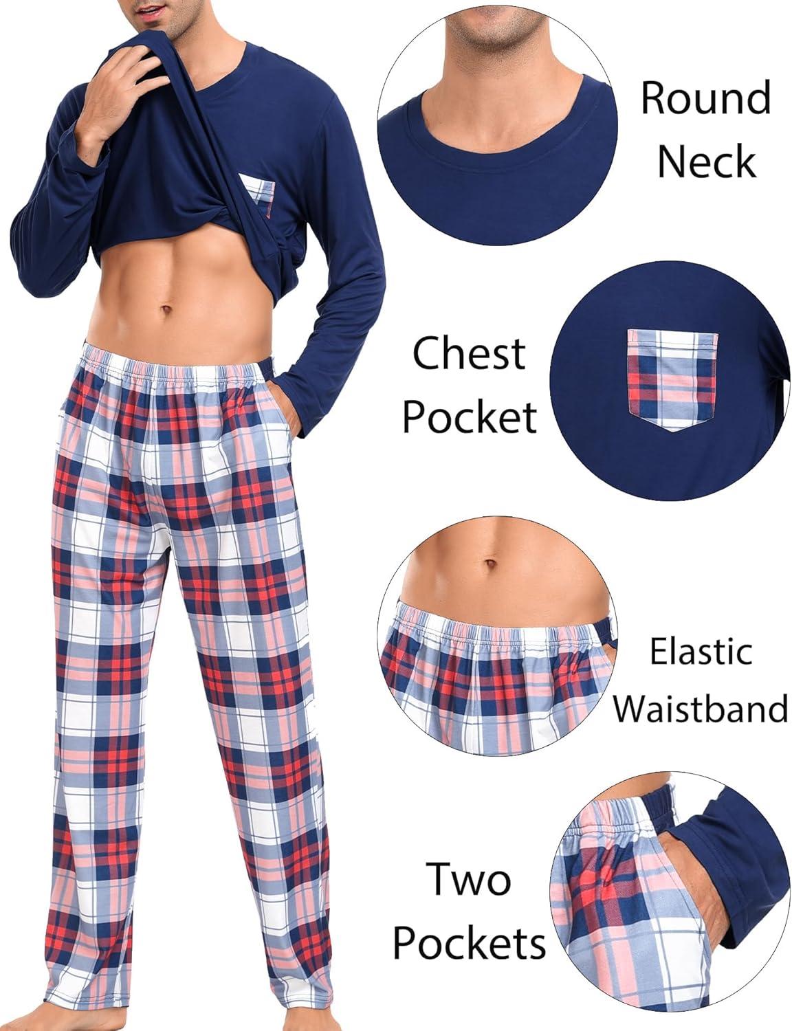 imageSWOMOG Adult Christmas Pajamas Buffalo Plaid Pajama Pants with Pockets Long Sleeve Tops for Couples amp FamilyNavy Blue