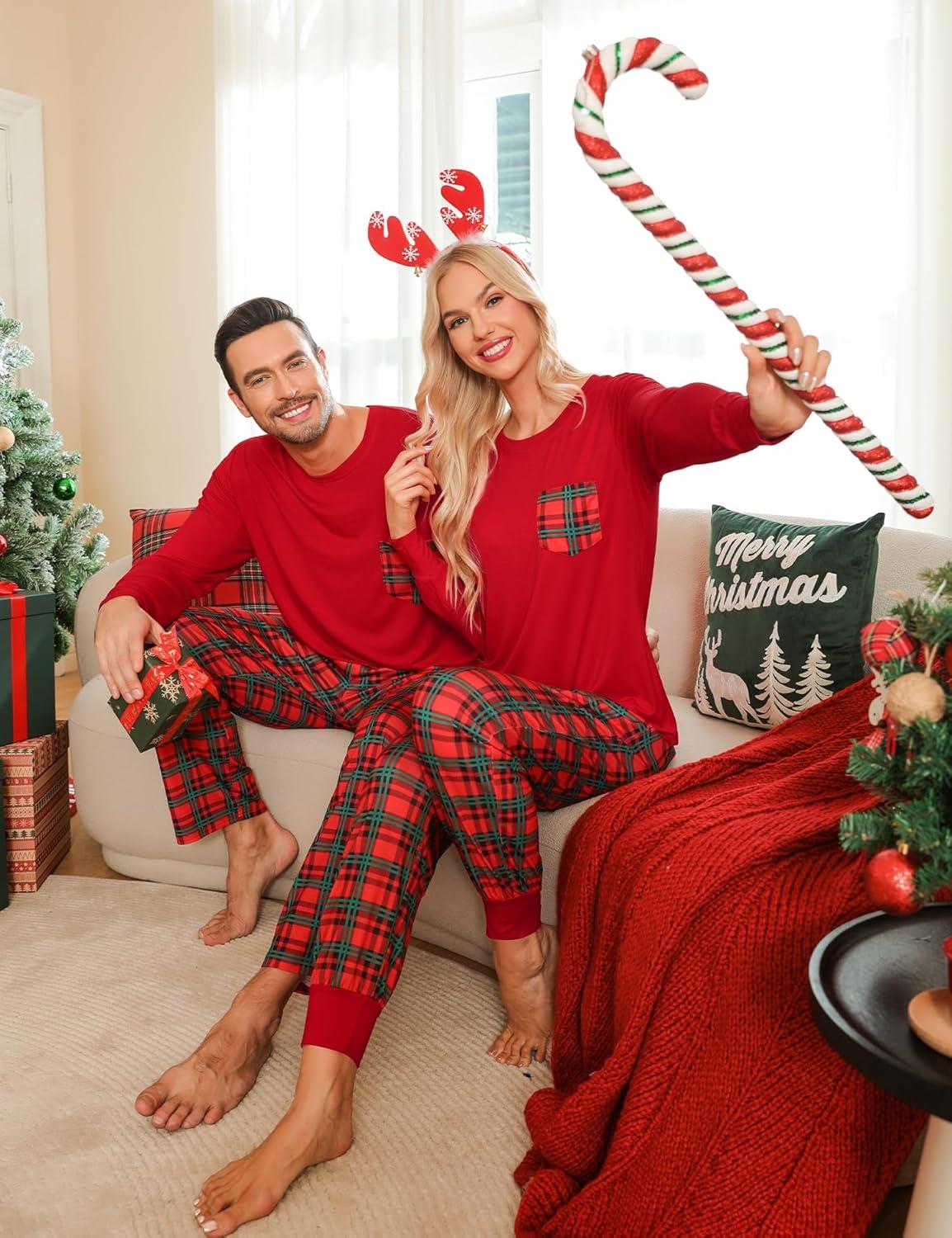 imageSWOMOG Adult Christmas Pajamas Buffalo Plaid Pajama Pants with Pockets Long Sleeve Tops for Couples amp FamilyRed Plaid