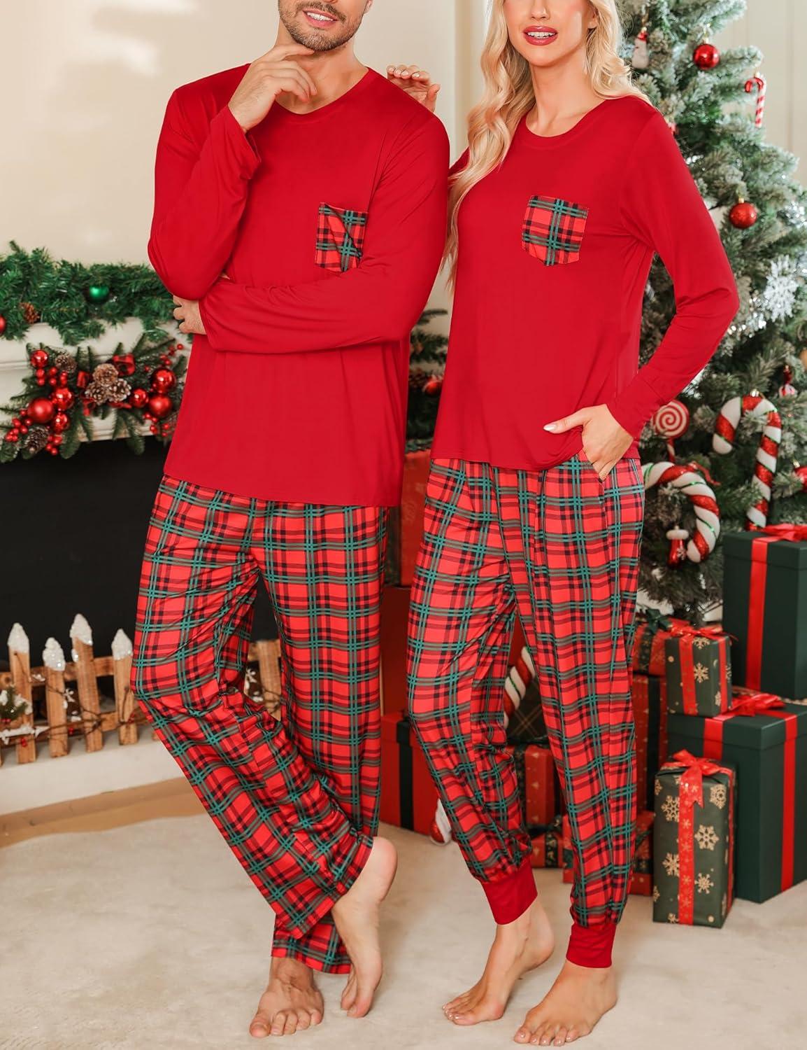 imageSWOMOG Adult Christmas Pajamas Buffalo Plaid Pajama Pants with Pockets Long Sleeve Tops for Couples amp FamilyRed Plaid