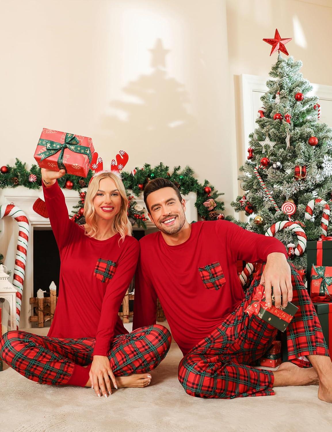 imageSWOMOG Adult Christmas Pajamas Buffalo Plaid Pajama Pants with Pockets Long Sleeve Tops for Couples amp FamilyRed Plaid